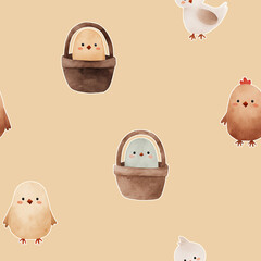 Simple Easter seamless pattern design. Spring print with chickens and baskets for fabrics, clothes, wallpaper, wrapping paper, baby fashion, holiday brending