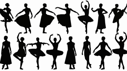 Silhouettes of ballet dancers in various poses and costumes. © Asrofi