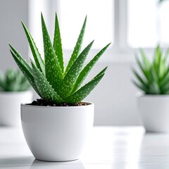 Aloe vera plant in a white pot, vibrant green leaves speckled with white, resting on a white surface near a window