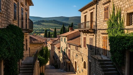 Fototapeta premium Charming European Village Street with Stone Buildings and Scenic Landscape