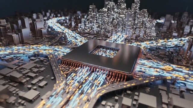 Microscopic View Inside Silicon Microchip with Electricity Flowing Through Transistors