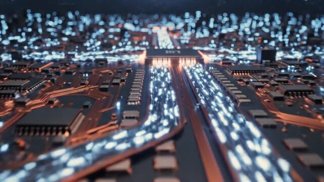 A microscopic view inside a silicon microchip, showing electricity flowing through transistors like a busy city highway system. Extremely high detail.