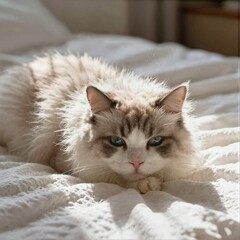 Obraz premium A fluffy Ragdoll cat with beautiful blue eyes lies comfortably on a white textured bed cover in a sunlit bedroom setting.