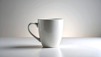 Taza blanca minimalista de cer&aacute;mica sobre fondo claro con iluminaci&oacute;n suave y estilo moderno