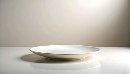 Plato blanco minimalista sobre fondo neutro con iluminaci&oacute;n suave y composici&oacute;n limpia