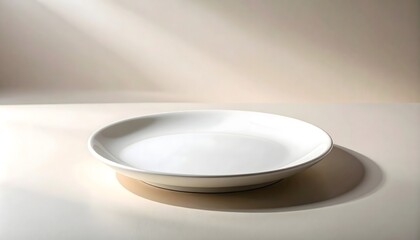 Fototapeta premium Plato blanco de cerámica con diseño minimalista sobre fondo claro y luz natural suave