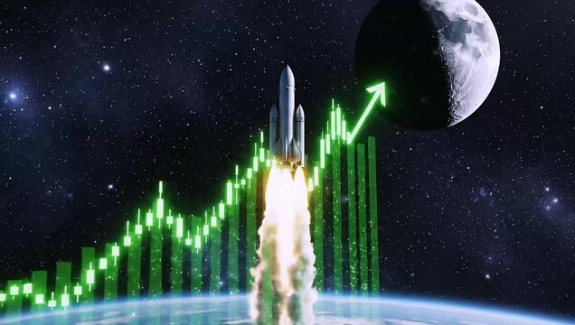 A rocket taking off To the Moon concept leaving a trail that forms a green rising stock graph.