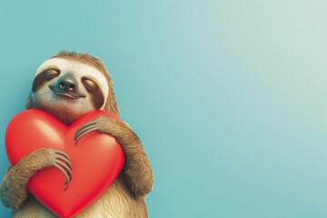 Fototapeta premium Cute 3D Sloth Character Happily Hugging a Red Heart on a Cheerful Blue Background with Copy Space