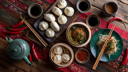 Overhead view of a traditional Asian meal with dumplings, noodles, and tea on a wooden table with a colorful rug.