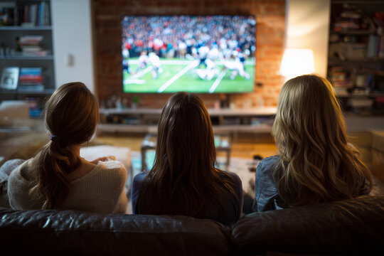 Friends family watching superbowl on tv on a couch at home, view from back