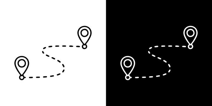 Map route pins and dotted line path indicating navigation and travel. Discover locations on a journey with pinpoint markers