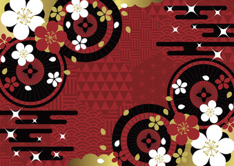 ハニカム和柄に和傘と桜、背景、イラスト、赤、横、かわいい