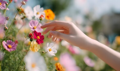 close-up of a beautiful female hand touching colorful flowers on a sunny day