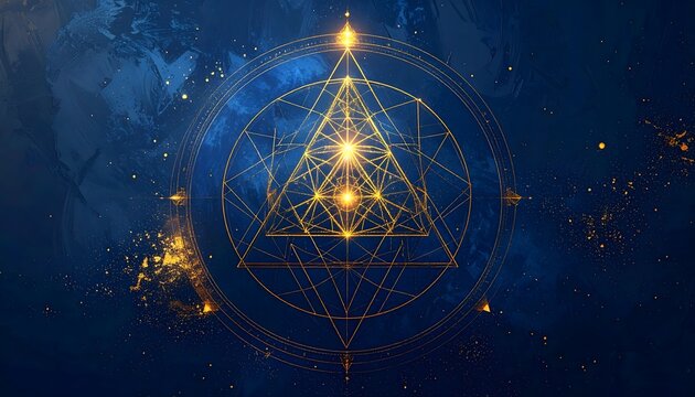 S&iacute;mbolo de geometr&iacute;a sagrada dorada con tri&aacute;ngulos y l&iacute;neas luminosas sobre fondo azul oscuro