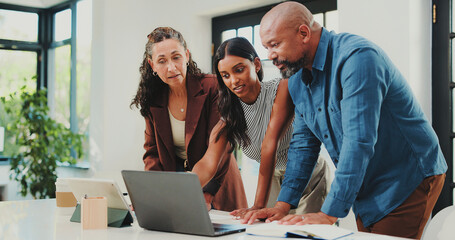 Planning, project and team with laptop, office and productivity for ad campaign on web or discussion. Colleagues, talking and people with tech for digital marketing, collaboration and brand awareness