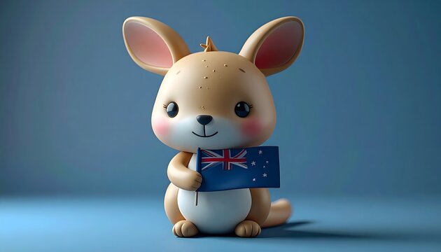Figura kawaii de canguro beb&eacute; con bandera de Australia sobre fondo azul minimalista