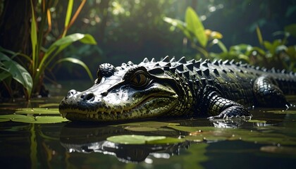 Fototapeta premium Alligator basking in the sun in a swampy environment.
