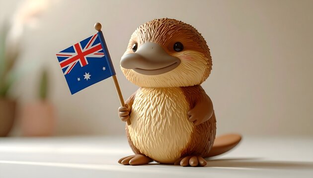 Figura kawaii de ornitorrinco sosteniendo bandera de Australia sobre fondo claro minimalista
