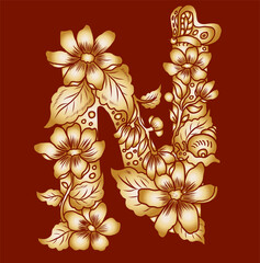 Floral alphabet letter A-Z hand drawn Illustration, Decorative botanical typography for coloring Pages and creative design.Set of flower alphabet.Line art and doodle for t-shirt.Elements with flower.