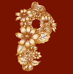 Floral alphabet letter A-Z hand drawn Illustration, Decorative botanical typography for coloring Pages and creative design.Set of flower alphabet.Line art and doodle for t-shirt.Elements with flower.