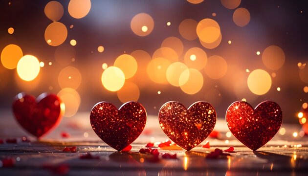 Corazones rojos brillantes alineados sobre superficie reflectante con luces bokeh c&aacute;lidas