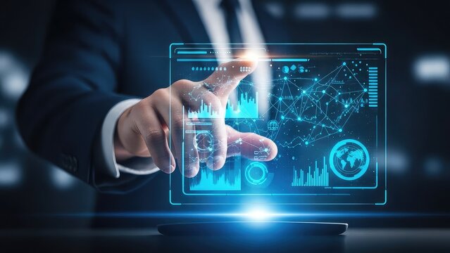 Businessman interacting with futuristic digital interface on tablet with glowing blue graphs and charts with technology and innovation and data - Powered by Adobe