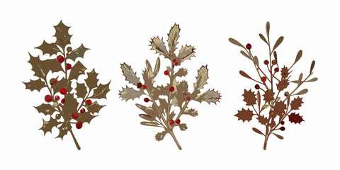 A collection of illustrated holly and berry branches in varying shades © Mityunjoy