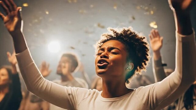 African American woman worshipping passionately, hands raised, concert.