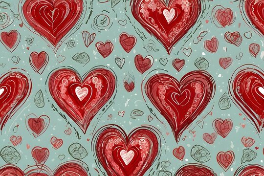 Patr&oacute;n decorativo de corazones rojos ilustrados sobre fondo azul claro estilo art&iacute;stico