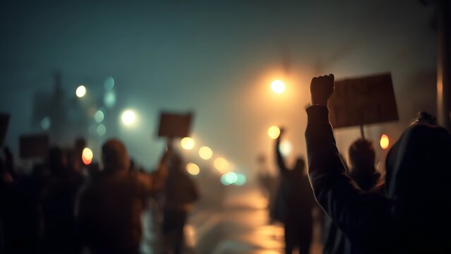 Nighttime street protest or demonstration. Violent protest, unrest, overthrown silhouette. Uprising  crowd of people, some holding blank signs or banners. 