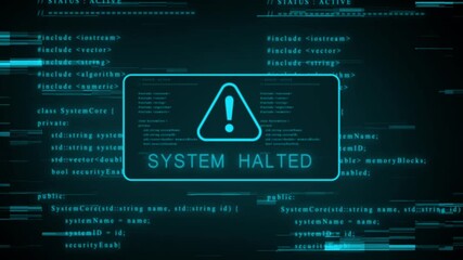 Cyan computer code on a dark screen with a warning symbol and subtle glitch effects, representing a system alert, diagnostic message, or data processing status in a digital interface - Powered by Adobe