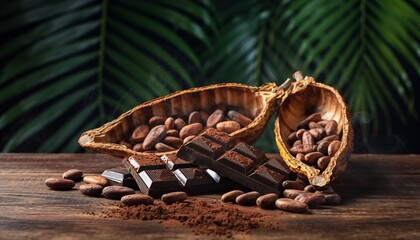 Rich chocolate bar and cocoa beans displayed on rustic wood with lush green foliage, concept for dessert shops, food blogs and confectioners