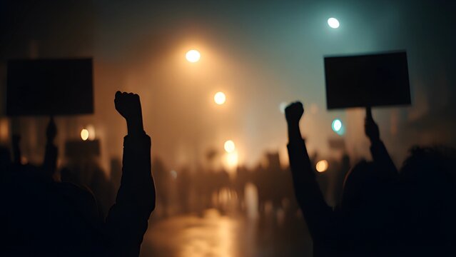 Nighttime street protest or demonstration. Violent protest, unrest, overthrown silhouette. Uprising  crowd of people, some holding blank signs or banners. 
