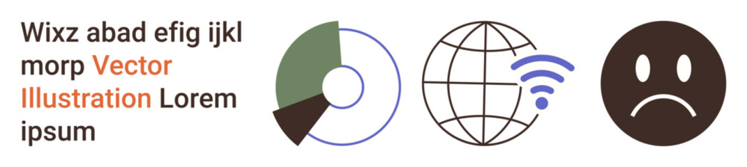 Obraz premium Data analysis, global communication, internet usage, emotional states, business presentations, infographic design. Pie chart, globe with wireless icon and sad face symbol in minimal style. Data