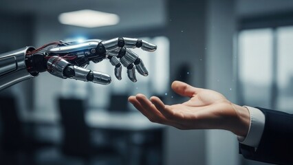A robotic hand extends towards a human hand in a futuristic office setting with blurred background with human machine interface and artificial intelligence