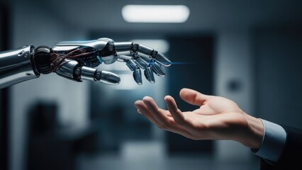 A robotic hand extends towards a human hand in a dark room with a blurred background representing technology and artificial intelligence with innovation