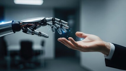 A robotic hand extends towards a human hand with glowing blue connections in a futuristic office setting representing technology and artificial intelligence