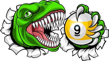 Dinosaur nine ball pool billiards sports mascot holding a 9 ball cartoon illustration © Christos Georghiou