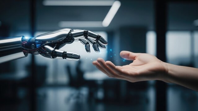 A human hand reaches out to connect with a robotic hand in a futuristic technology concept with glowing blue lights in a dark background with artificial intelligence - Powered by Adobe