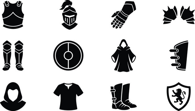 Medieval RPG Armor Vector Icons - Knight Helmet, Shield, Chestplate, Gauntlet, and Fantasy Gear Set
