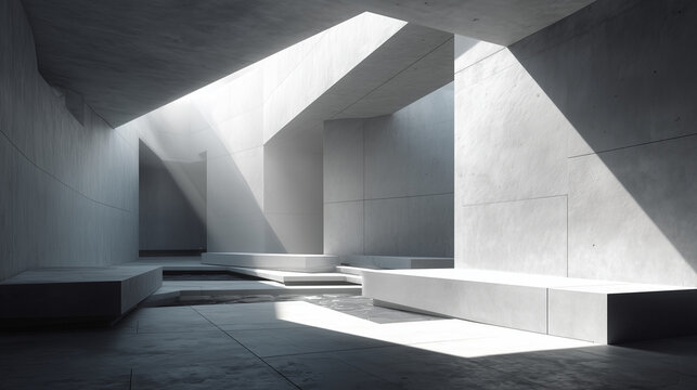 Modern Architecture Interior Design with Geometric Concrete Shapes and Light Reflections for Creative Spaces and Minimalist Aesthetics