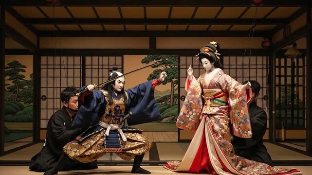 Bunraku doll performing dramatic stage play in exquisite costume.