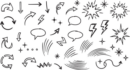 Hand Drawn Arrows and Comic Design Elements Set, Black Ink Doodles Isolated on White