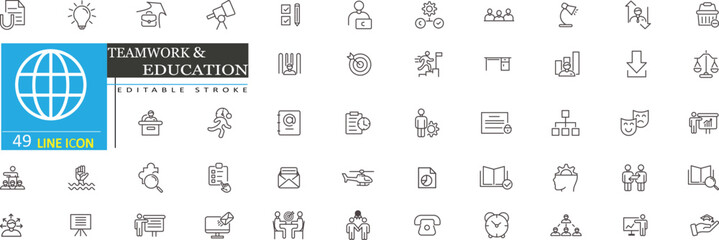 Education & Teamwork Outline Icons. Learning, Strategy, Communication and Growth. Editable Stroke