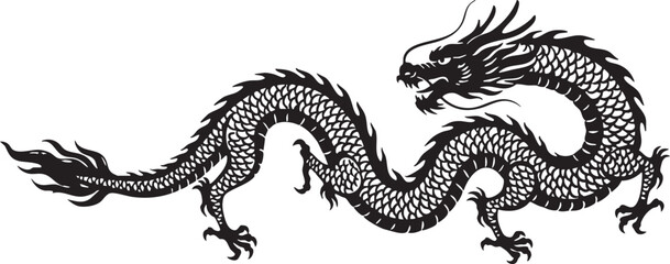 Fototapeta premium Chinese Dragon Silhouette Traditional Sumi Ink Style Isolated on White for Logo Design