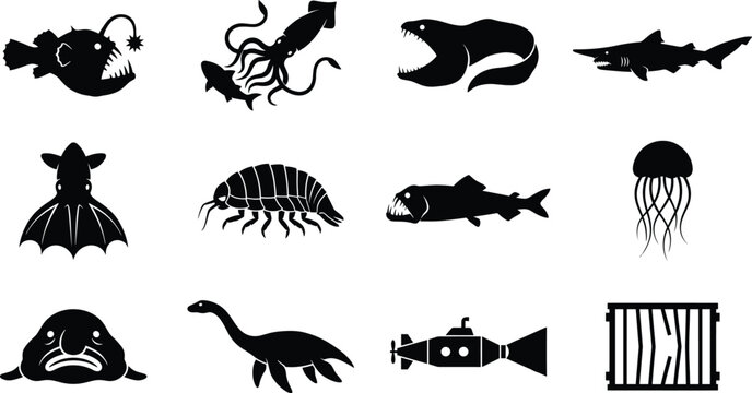 Deep Sea Monster Silhouette Vector Set - Anglerfish, Kraken, Goblin Shark, and Scary Ocean Creatures
