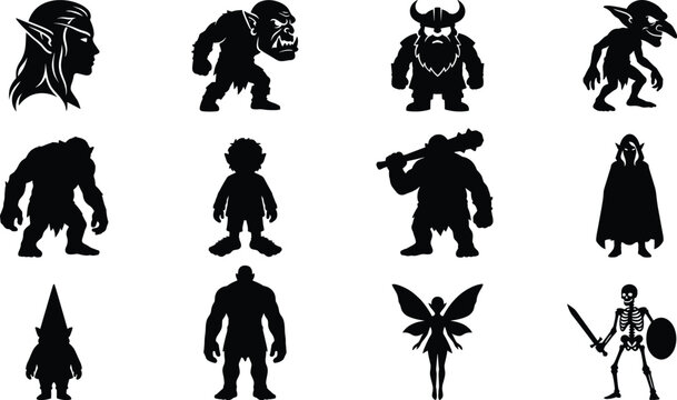 Fantasy RPG Character Race Silhouettes - Elf, Orc, Dwarf, Goblin, Skeleton, and Warrior Avatar Icons
