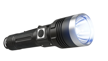 Black flashlight with silver accents shining bright light isolated on a transparent background