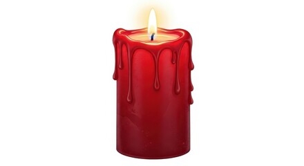 Vibrant red candle burning with warm flame and melted wax
