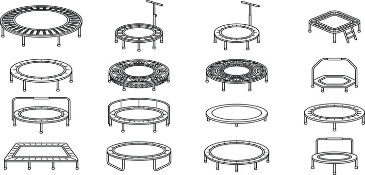 Black Outline Silhouette Collection of Various Trampolines, Jumping Fitness Equipment Vector Set for Sports Exercise Gym and Fun Backyard Activity